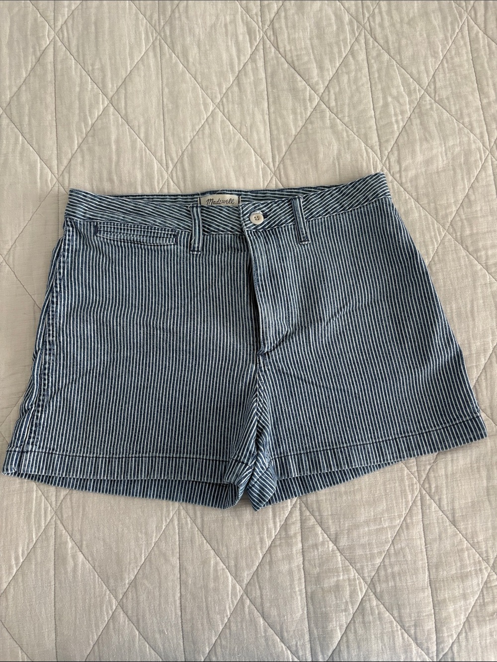 Madewell Navy and White Striped High-Rise Jean Shorts